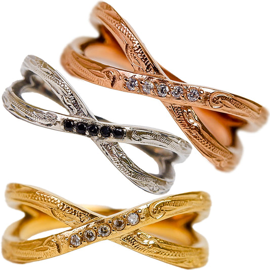 新商品 ハワイアンジュエリー リング 2連風 クロス 石 ジルコニア ピンクゴールド スクロール ホヌ 記念日 誕生日 プレゼント ギフト