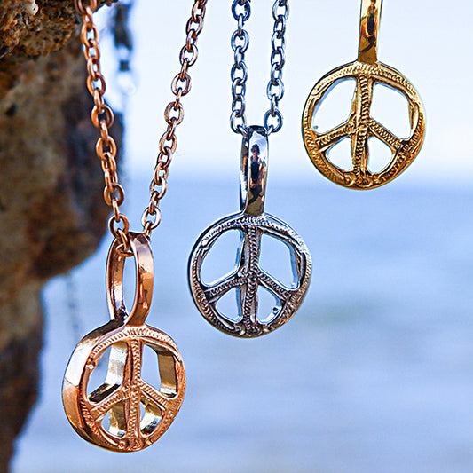 新商品 ハワイアンジュエリー ネックレス ステンレス ピースマーク スクロール ゴールド ピンクゴールド シルバー 金属アレルギー チェーン付き サージカルステンレス