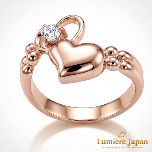 新商品|日本製 Jump Heart CZ Ring(ジャンプハートCZリング) 手元で跳ねる、可愛いの一歩先へ。 ピンクゴールド プラチナ 仕上げ 2カラー展開