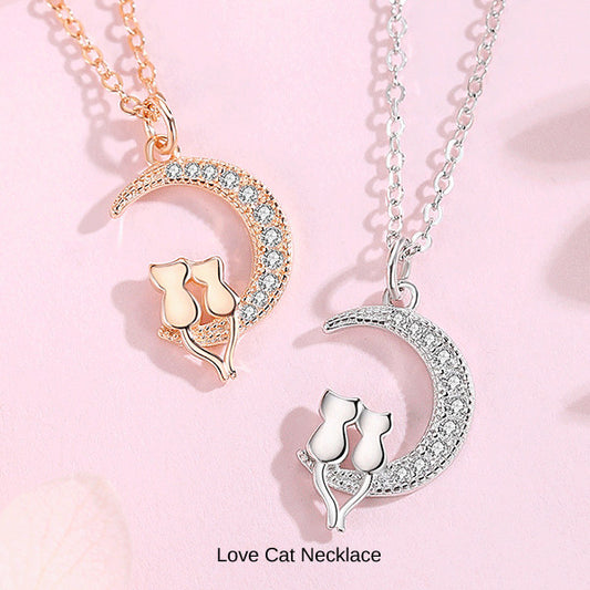 新商品 ネックレス レディース 猫ペンダント 月 猫 2匹 ラブキャット ピンクゴールド プラチナ仕上げ 女性 人気 ギフト プレゼント