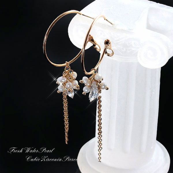 Limited Quantity! Treasure Chest! Very Popular! Feminine Charm UP! 2-Way ♪ CZ Freshwater Pearl Hoop Earrings, Titanium Posts, Gold Finish