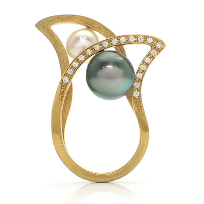 Women's ring, made in Japan, J-ENDAi, highest quality Akoya pearl, South Sea pearl, diamond, 19 stones, ring, K18, 18k, Japanese jewelry craftsman, J-ENDAi
