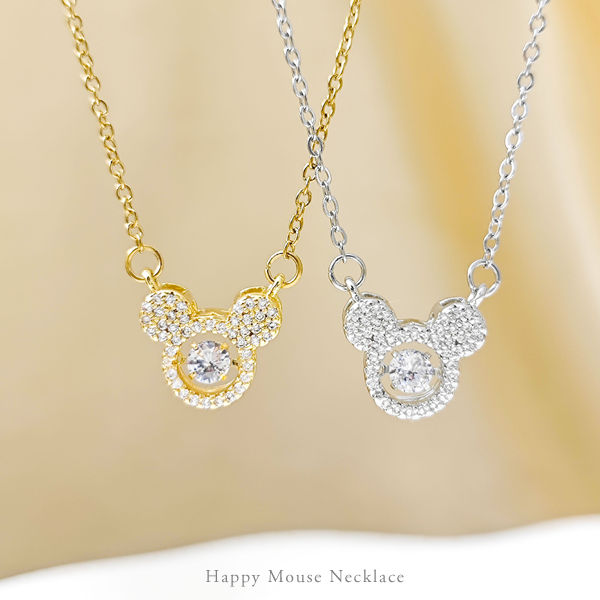 [New Release Commemorative Price Until 6/25!] New Product Necklace for Women, Happy Mouse, CZ Diamond, Dancing Stone, Gold, Rose Gold, Platinum Finish, Available in 3 Colors, Cute, Women's Gift, Present
