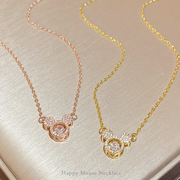[New Release Commemorative Price Until 6/25!] New Product Necklace for Women, Happy Mouse, CZ Diamond, Dancing Stone, Gold, Rose Gold, Platinum Finish, Available in 3 Colors, Cute, Women's Gift, Present