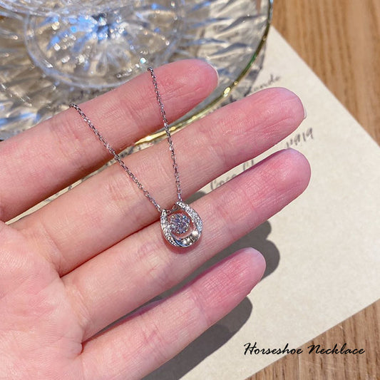 Necklace for Women, Horseshoe Necklace, Lucky, Swinging CZ Diamond, Total 0.3ct, Elegant, Platinum Finish, Popular Gift for Women