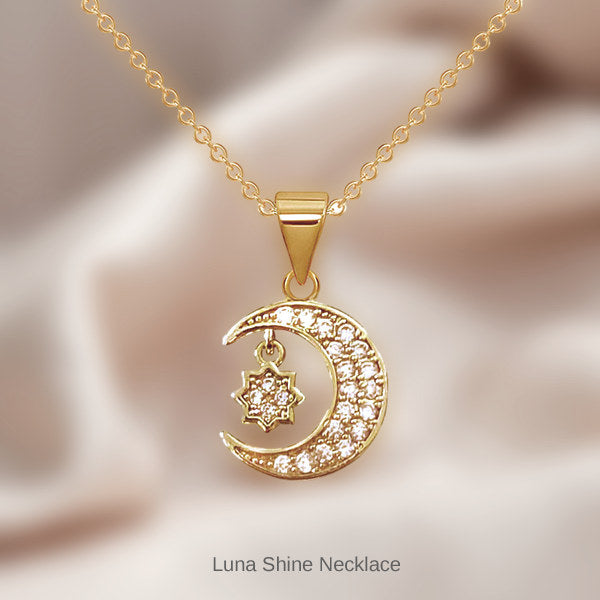 New Luna Shine Moonlight Sparkle Necklace for Women, Moon and Star Design, Stainless Steel and Gold, Cute Gift for Women