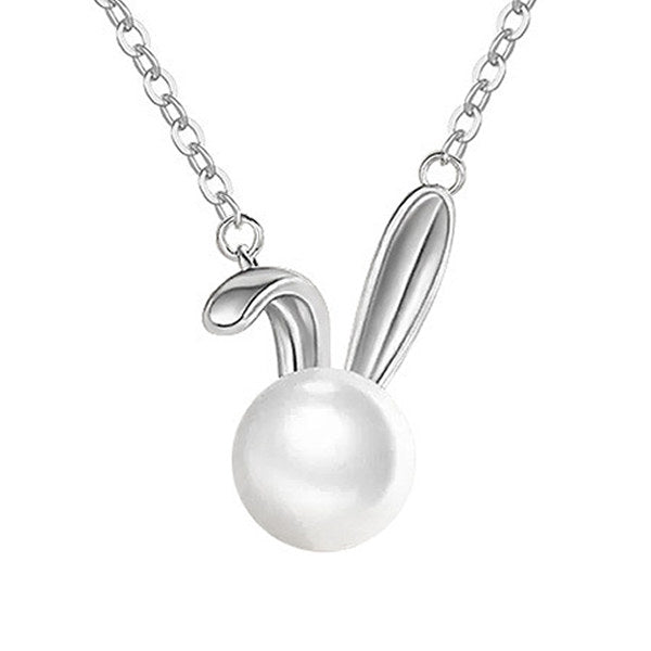 Necklace, Ladies, Earrings, Large Freshwater Pearl, Rabbit, Cute Necklace, Platinum Finish, Ladies' Gift, Present