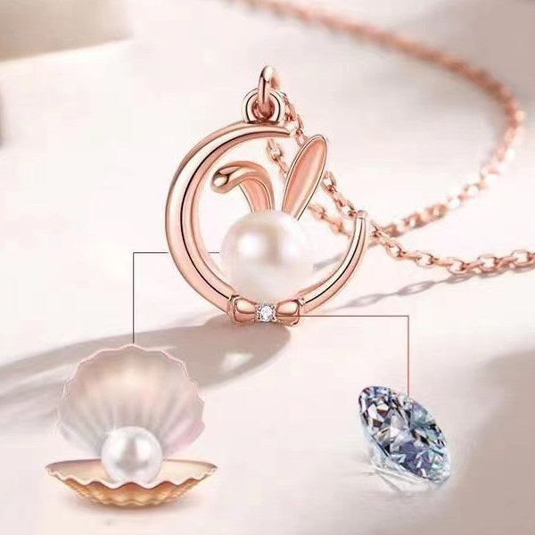 Women's necklace earrings rabbit moon rabbit cute jade rabbit pink gold platinum finish freshwater pearl cz gift present