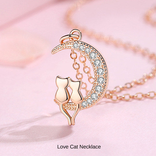 新商品 ネックレス レディース 猫ペンダント 月 猫 2匹 ラブキャット  ピンクゴールド プラチナ仕上げ 女性 人気 ギフト プレゼント
