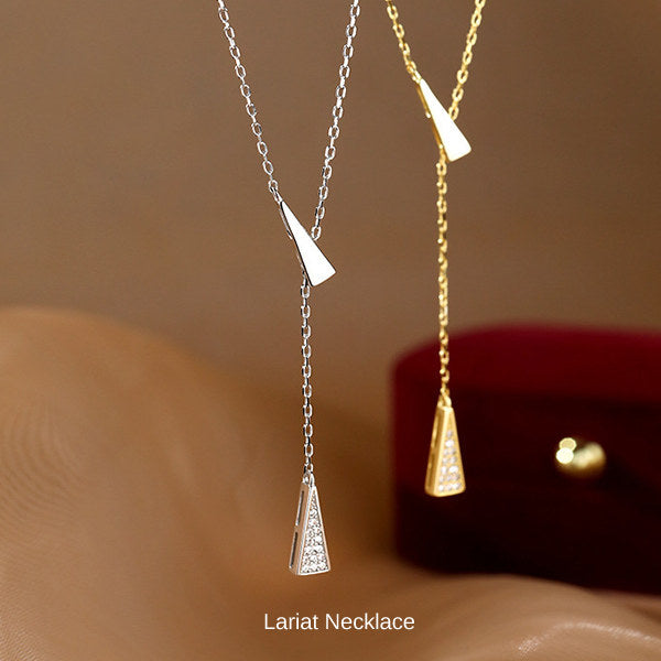 New Product Necklace for Women - Simple Lariat Choker with CZ Diamond Triangle, Platinum Plated, Gold, Women's Gift