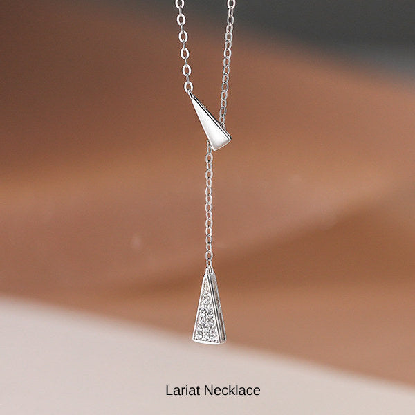 New Product Necklace for Women - Simple Lariat Choker with CZ Diamond Triangle, Platinum Plated, Gold, Women's Gift