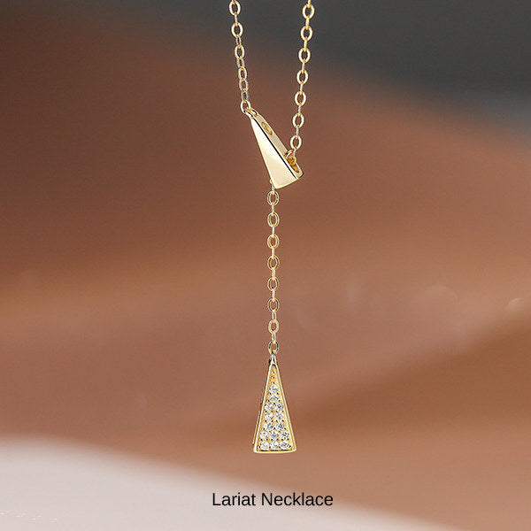 New Product Necklace for Women - Simple Lariat Choker with CZ Diamond Triangle, Platinum Plated, Gold, Women's Gift