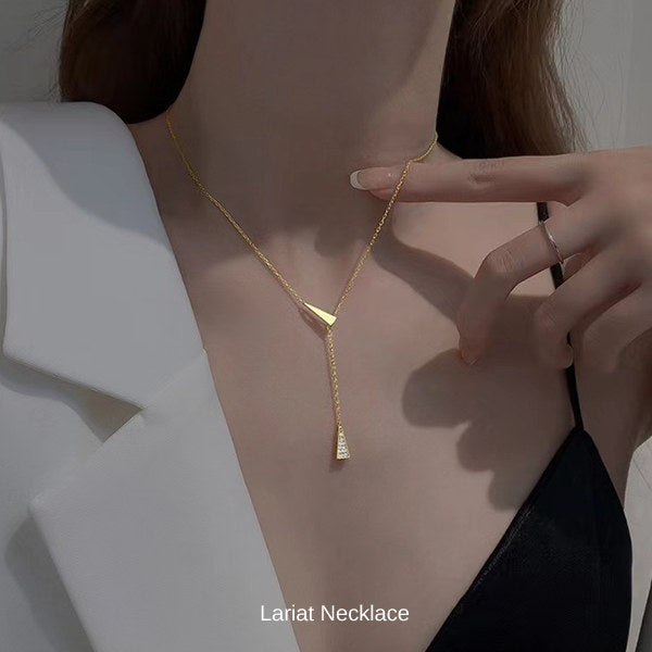 New Product Necklace for Women - Simple Lariat Choker with CZ Diamond Triangle, Platinum Plated, Gold, Women's Gift