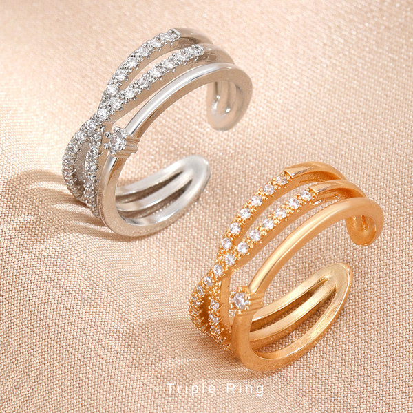 新商品 指輪 レディース サイズフリー 3連 リング クロスオーバー ストレート トリプル 指輪 ピンクゴールド ゴールド プラチナ仕上げ 誕生日 ギフト プレゼント