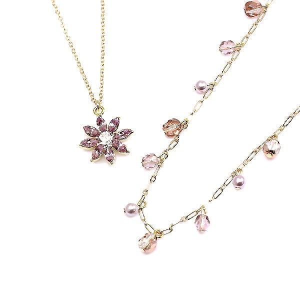 Limited Edition 【Treasure Chest】Made in Japan Vajra 3-Way♪Crystal Flower♪Set of 2 Necklaces/Gold Finish