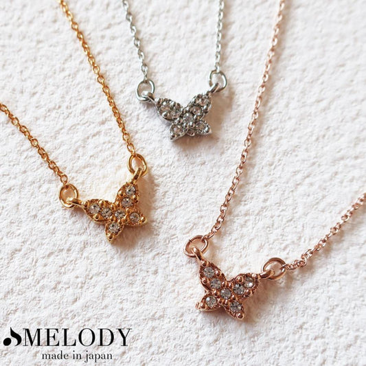 日本製 ジュエリー ネックレス ラインストーン バタフライ 蝶 ちょうちょ パヴェ モチーフ ゴールド・ピンクゴールド・シルバーの3色展開 (op-228)