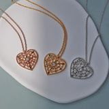 日本製 ジュエリー 透かし柄 ハート ロング ネックレス ペンダント ゴールド・ピンクゴールド・シルバーの3色展開 (op-242)