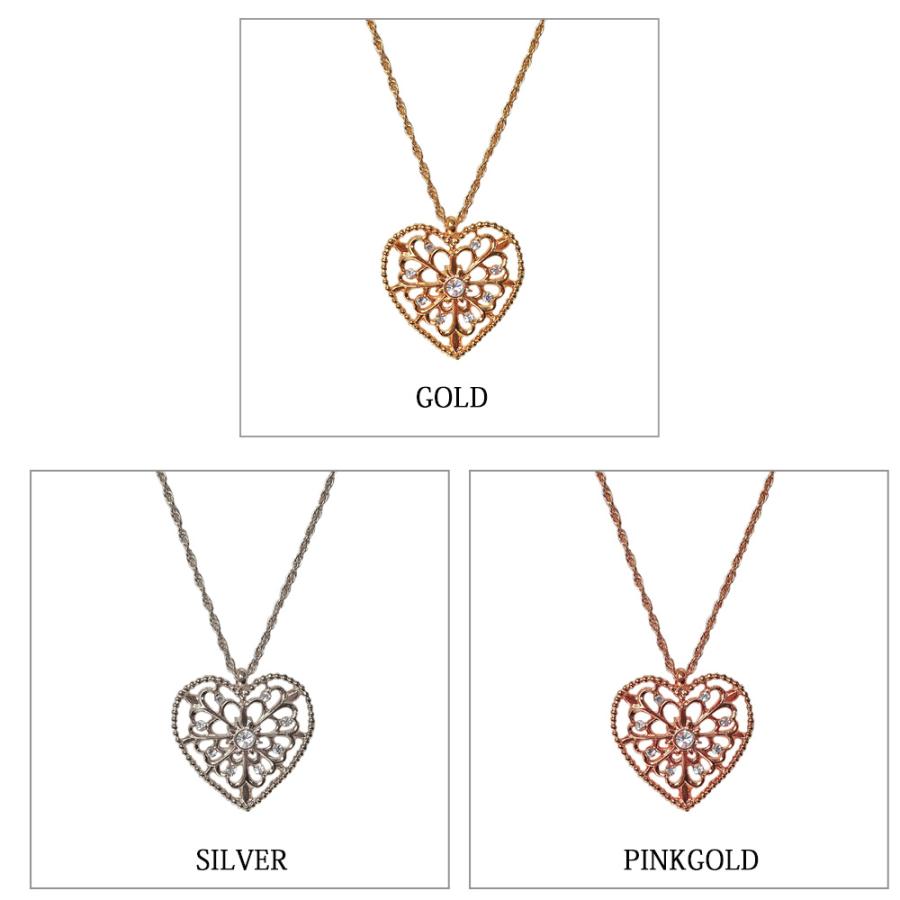 日本製 ジュエリー 透かし柄 ハート ロング ネックレス ペンダント ゴールド・ピンクゴールド・シルバーの3色展開 (op-242)
