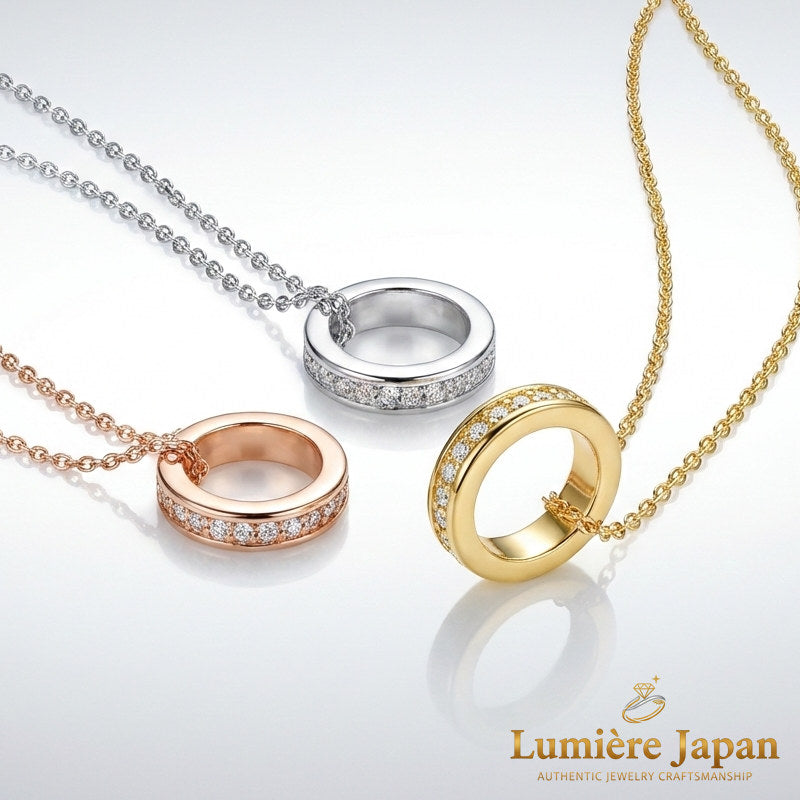 新商品 日本製 フルエタニティリングペンダントネックレス ピンクゴールド ゴールド プラチナ仕上げ 3色展開